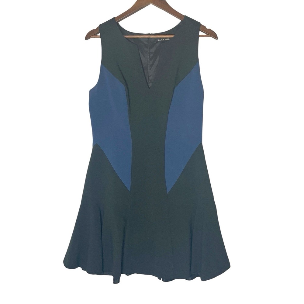 Black Halo Womens Colorblock Mini Dress Black Navy Blue V-Neck Fit Flare Size 10